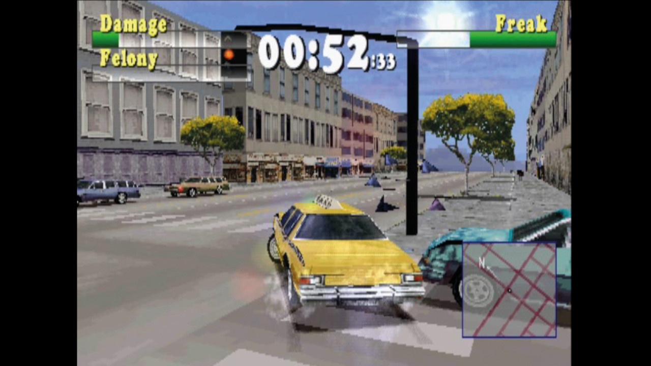 John Tanner drives a taxi in Driver for PS1, from the PLAY Magazine retrospective, as another car t-bones it at a corner