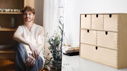 Interior designer Drew Michael Scott sitting in a room with ambient natural lighting and a photo of an IKEA storage unit