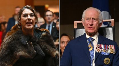 Senator Lidia Thorpe heckles King Charles III, who wears medals, during the ceremonial welcome and Parliamentary reception at the Australian Parliament House on October 21, 2024