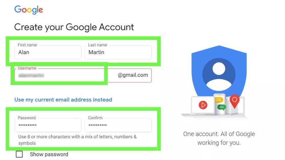 Как создать учетную запись Gmail - введите имя, адрес электронной почты и пароль
