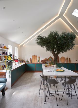 large kitchen with vaulted ceiling and tree growing in the middle