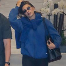 Hailey Bieber Layers Blueberry Knits and Leggings for a Post-Baby Spa Day