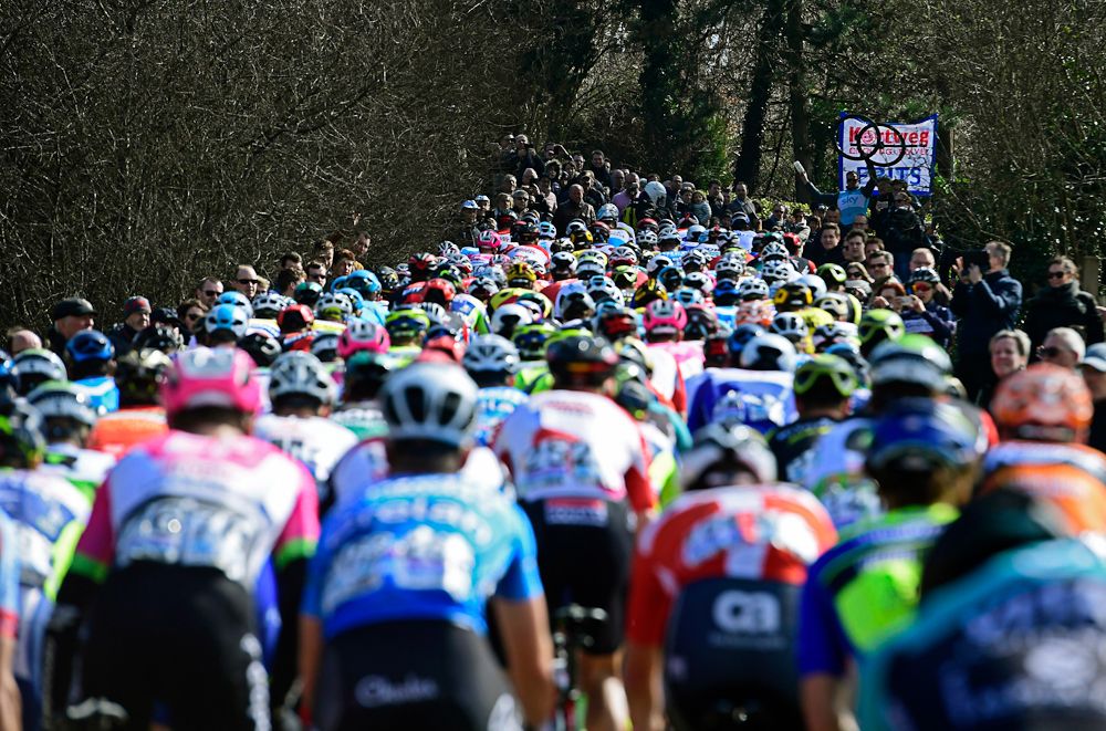 The 2018 Gent-Wevelgem peloton enters the forest