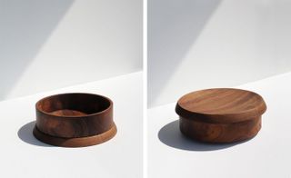 Round boxes (shown open and closed) made of reclaimed teak wood