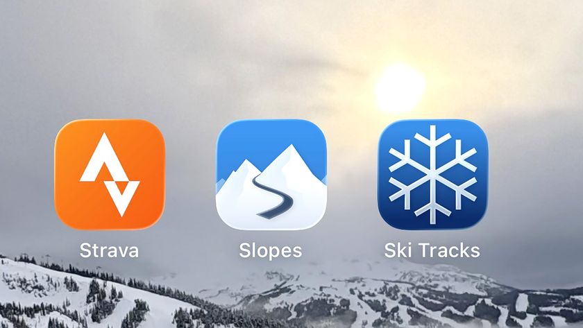 Screenshot of a smartphone showing the Strava app, Slopes app, and Ski Tracks app