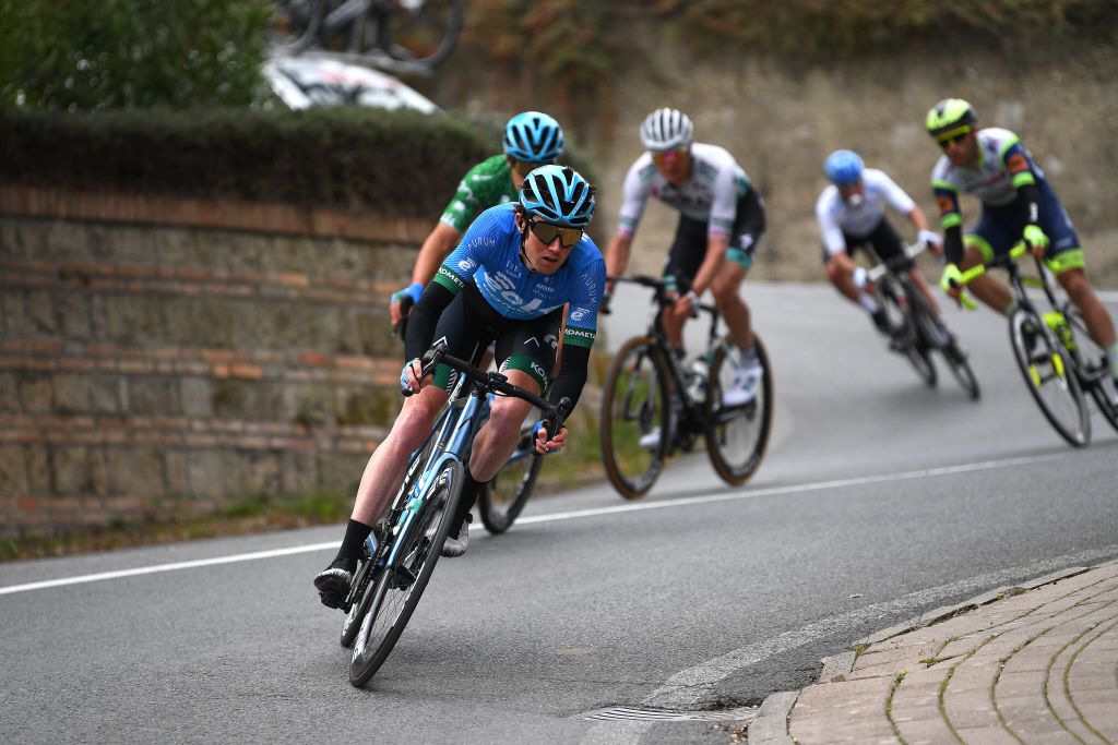 CHIUSDINO ITALY MARCH 11 John Archibald of United Kingdom and EoloKometa Cycling Team during the 56th TirrenoAdriatico 2021 Stage 2 a 202km stage from Camaiore to Chiusdino 522m Breakaway TirrenoAdriatico on March 11 2021 in Chiusdino Italy Photo by Tim de WaeleGetty Images