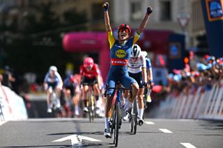 LAUSANNE BEROCHE SWITZERLAND SEPTEMBER 06 Elisa Balsamo of Italy and Team Lidl Trek celebrates at finish line as stage winner during the 3rd Tour de Romandie Feminin 2024 Stage 1 a 1338km stage from La Grande Beroche to Lausanne 511m UCIWWT on September 06 2024 in La Grande Lausanne Switzerland Photo by Luc ClaessenGetty Images