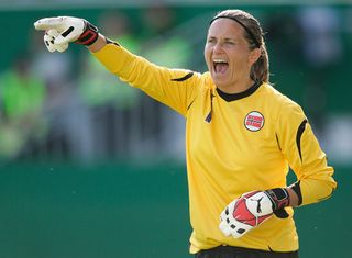 Goalkeeper Bente Nordby of Norway issues instructions to her team during the women's international friendly match between Germany and Norway at the stadium am Bruchweg on August 30, 2007 in Mainz, Germany. (Photo by Christof Koepsel/Bongarts/Getty Images)