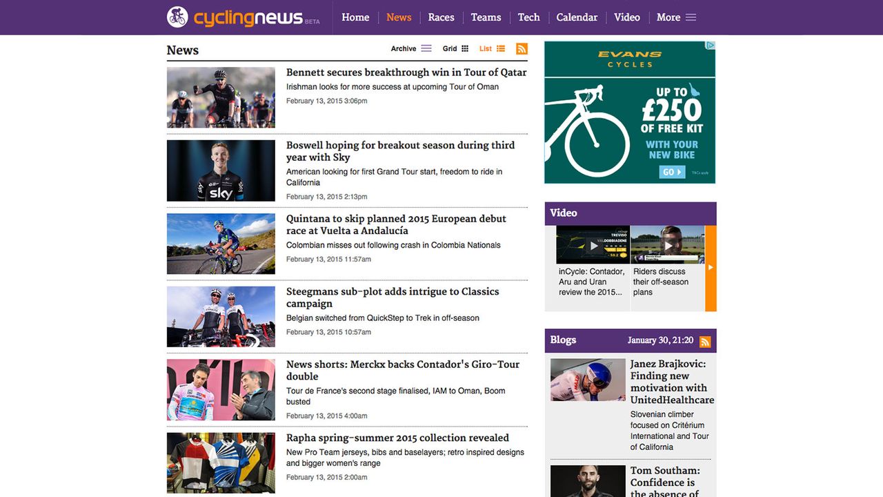 The news feed page includes all the big news from professional cycling