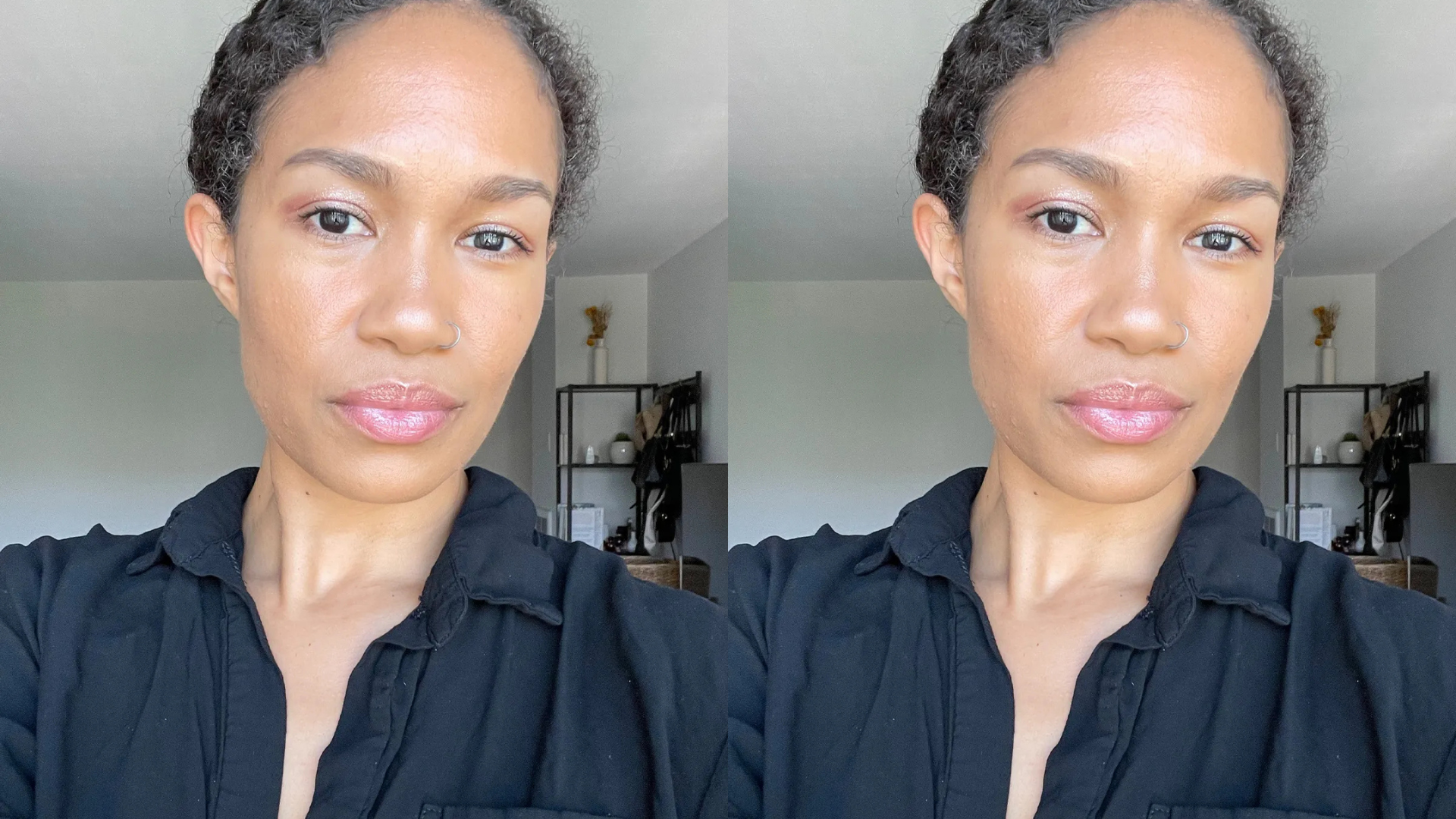 Photo collage of Shawna Hudson wearing the Haus Labs Triclone Skin Tech Foundation