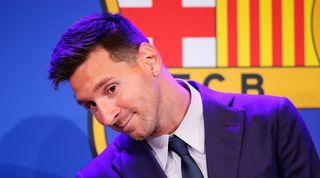 Lionel Messi during his farewell press conference at Barcelona in 2021.