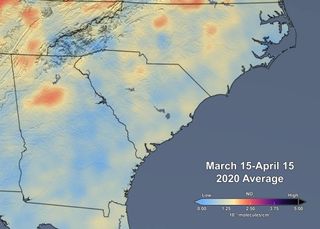 Tropospheric nitrogen dioxide over the southeast in the U.S. from March 15-April 15 2020.