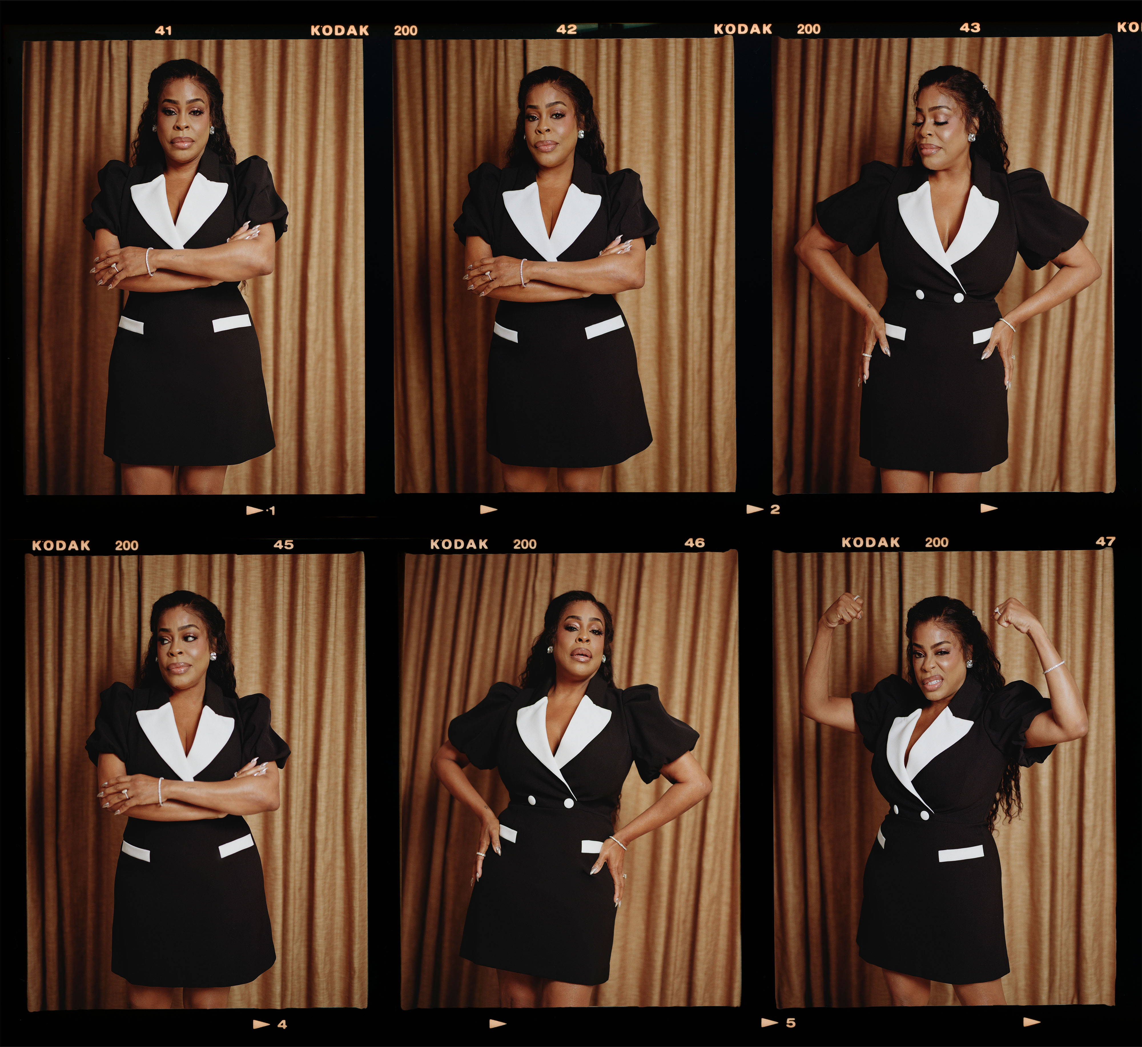 Six polariod images of actress Niecy Nash wears a coat dress while posing in front of a brown curtain.