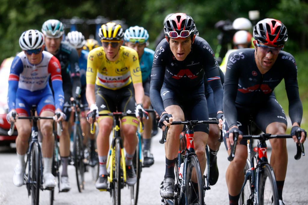 Geraint Thomas (Ineos Grenadiers) works at the front of the peloton on stage 9 of the Tour de France in Tignes