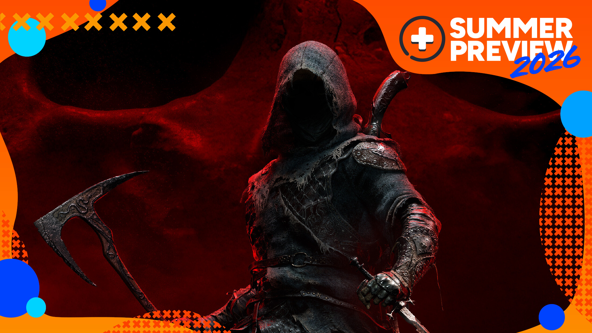 A cloaked figure with an axe stands in front of a bloody background in hero art for Mortal Shell 2, with the orange GamesRadar+ Summer Preview 2026 frame