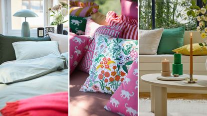 H&M spring home decor including bedding, colorful throw pillows and fluted candles in an outdoor backyard