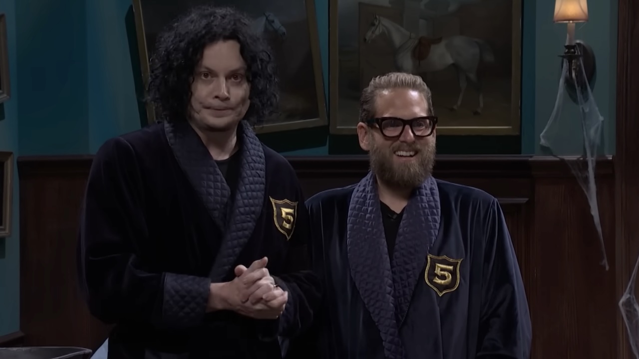 Jack White and Jonah Hill in Five-Timers Club Jackets in Saturday Night Live Season 51