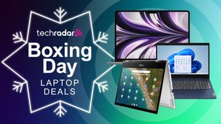 MacBook, Chromebook and Windows laptop next to TechRadar deals Boxing Day laptop sales logo