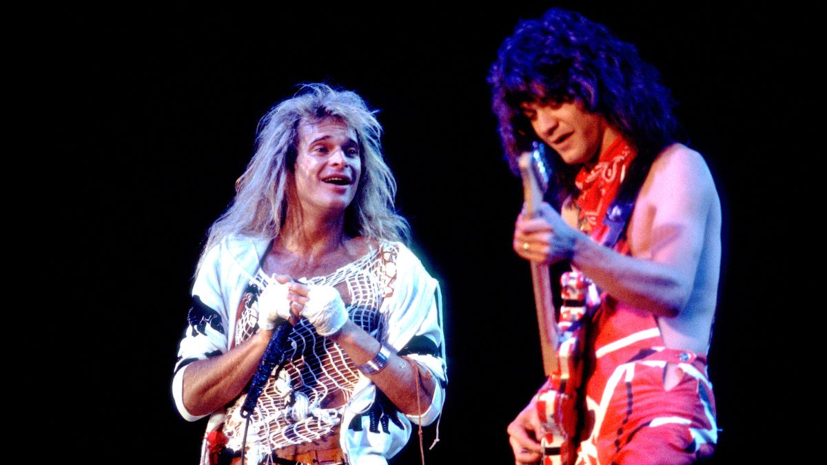 Rock musicians David Lee Roth and Eddie Van Halen (1955 - 2020), both of the group Van Halen, perform onstage at the US Festival, Ontario, California, May 29, 1983.