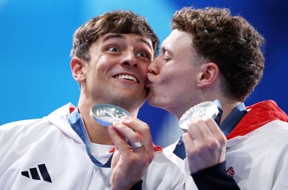 Silver Medalists Tom Daley and Noah Williams of Team Great Britain celebrate as they pose following the Diving medal ceremony after the Men’s Synchronised 10m Platform Final on day three of the Olympic Games Paris 2024