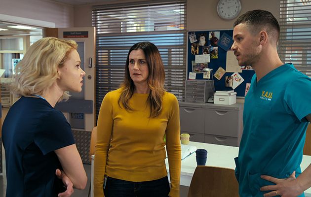 Ange Godard Dominic Copeland and Chloe Godard in Holby City