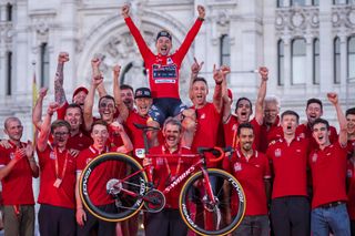 2024 winner Primož Roglič celebrates with team Red Bull-Bora-Hansgrohe