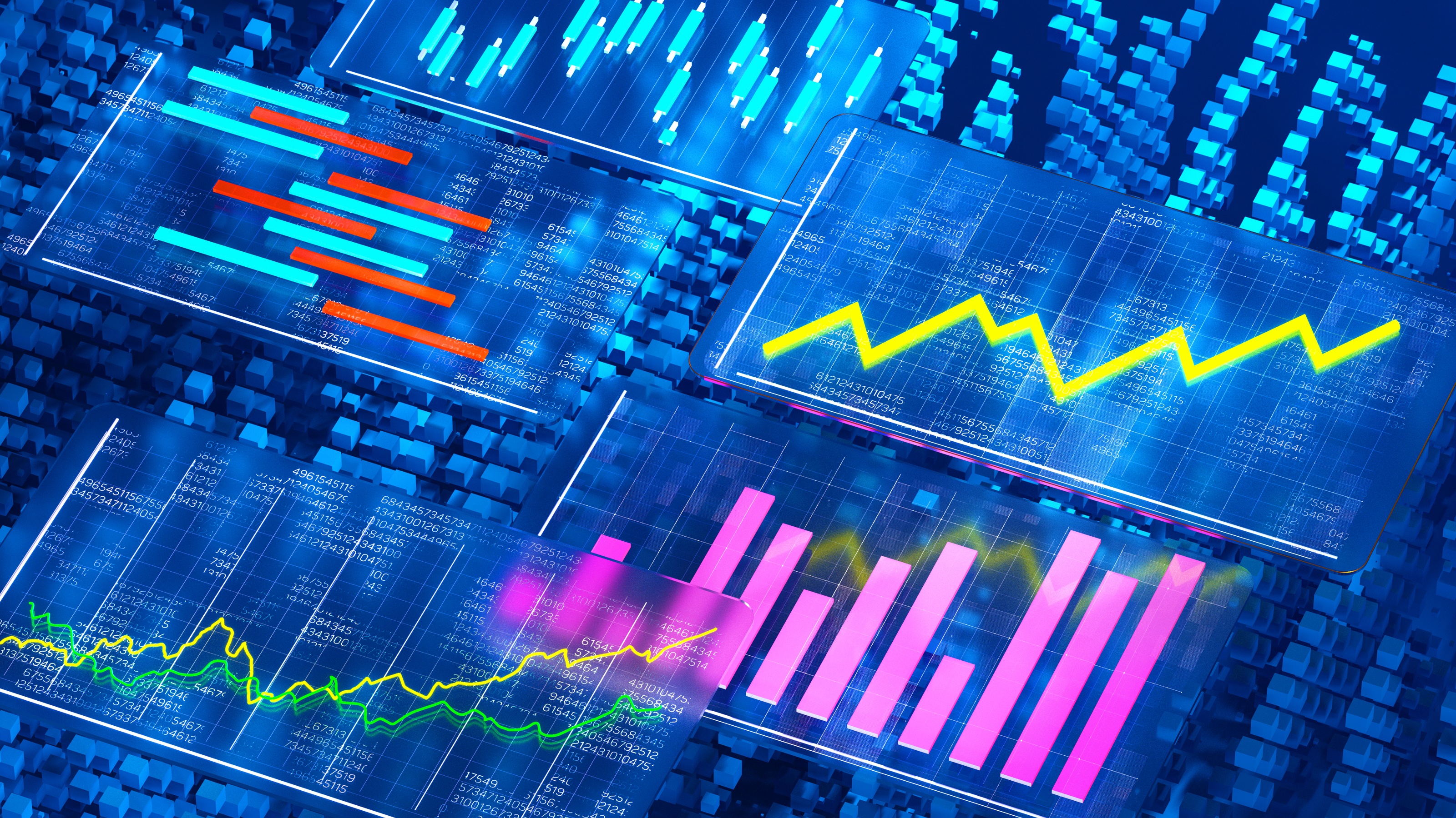 Digital image of graphs and charts in neon colors.