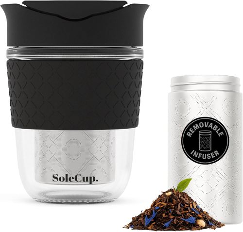 Solecup. Travel Mug Loose Tea Infuser - Detachable Tea Strainer With Spillproof Lid - Bpa-Free Reusable Glass Travel Coffee Cup With Silicone Band (black, 340ml / 12oz)