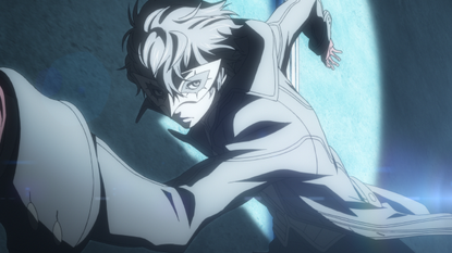 Persona 5 animated cutscene screenshot shows Joker wearing a mask.