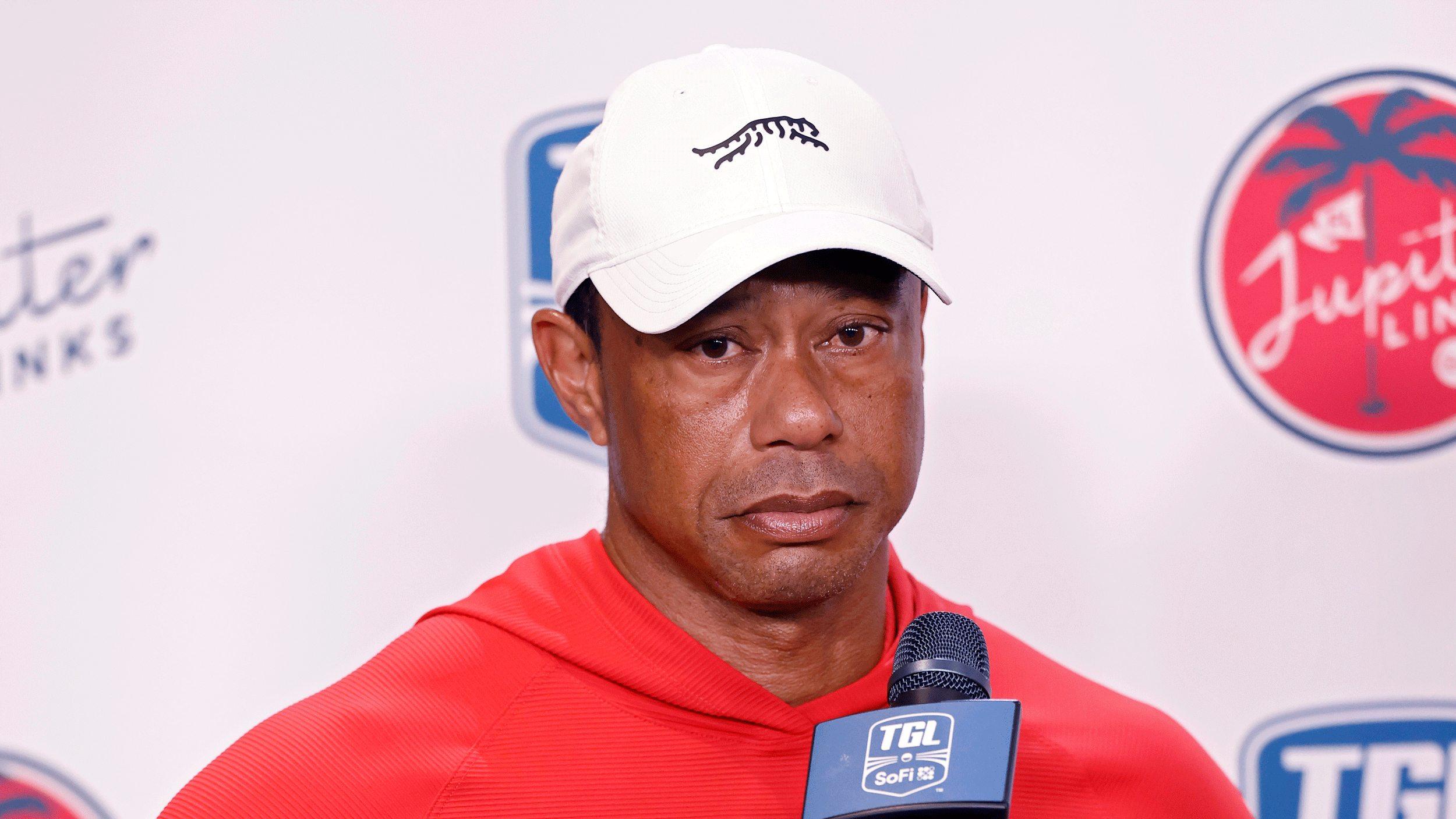 Tiger Woods looks on during a TGL press conference following Jupiter Links' 9-2 defeat to Los Angeles GC in the SoFi Cup finals
