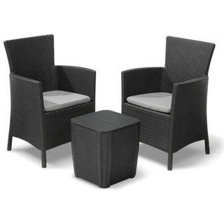 Keter Iowa Bistro Set with two chairs with grey cushions and square table in graphite on white background