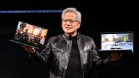 Nvidia CEO Jensen Huang introduces the RTX Spark laptop during his keynote speech at Computex 2026 in Taipei on June 1, 2026.