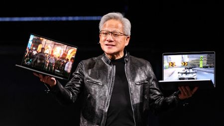 Nvidia CEO Jensen Huang introduces the RTX Spark laptop during his keynote speech at Computex 2026 in Taipei on June 1, 2026.