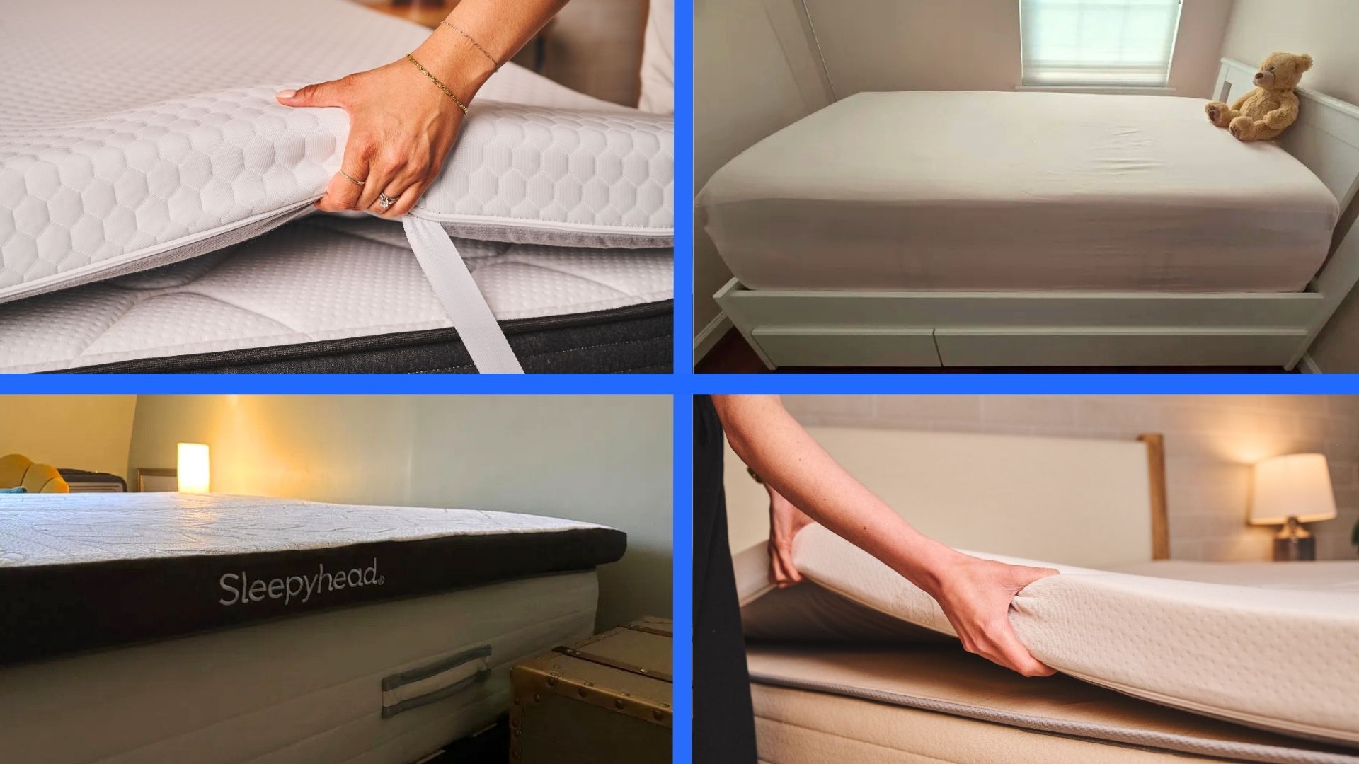 A four-picture collage of mattress toppers for college dorms. 