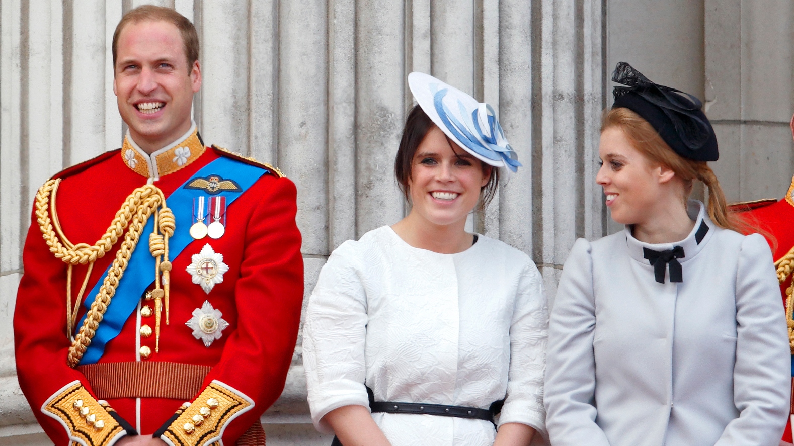Prince William, Princess Eugenie of York and Princess Beatrice of York stand on the balcony of Buckingham Palace during the annual Trooping the Colour Ceremony on June 15, 2013