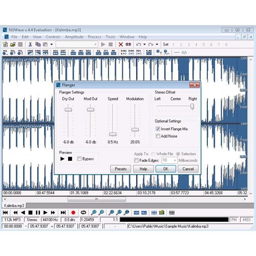 Screenshot image shows NGWave Audio Editor and its flanger tool.