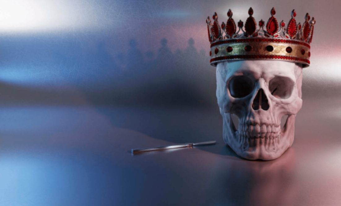 A skull with a crown on its head