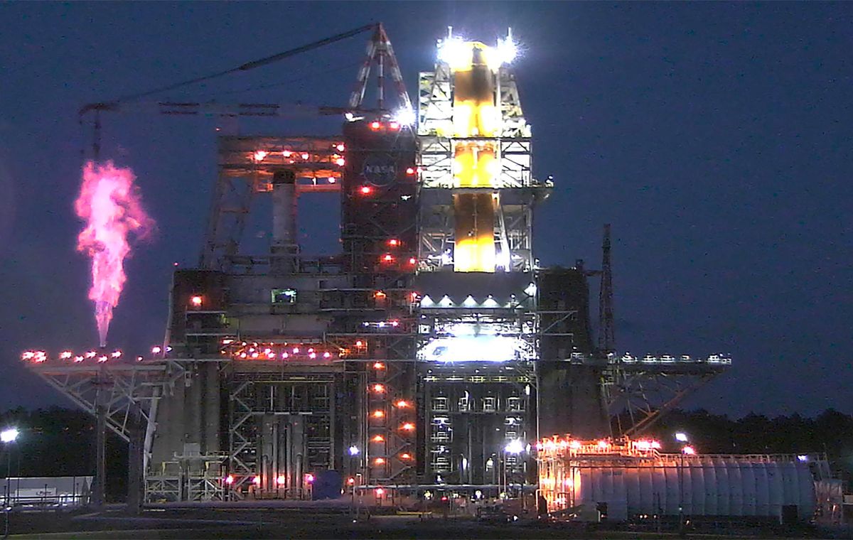 This image shows liquid hydrogen in the rocket core stage of the Space Launch System as it is safely vented and burned as it naturally warms and boils off during a rehearsal of a countdown to hot fire of the stage’s engines on Dec 20, 2020.