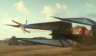 Rey jumping over TIE Fighter in Star Wars: The Rise of Skywalker