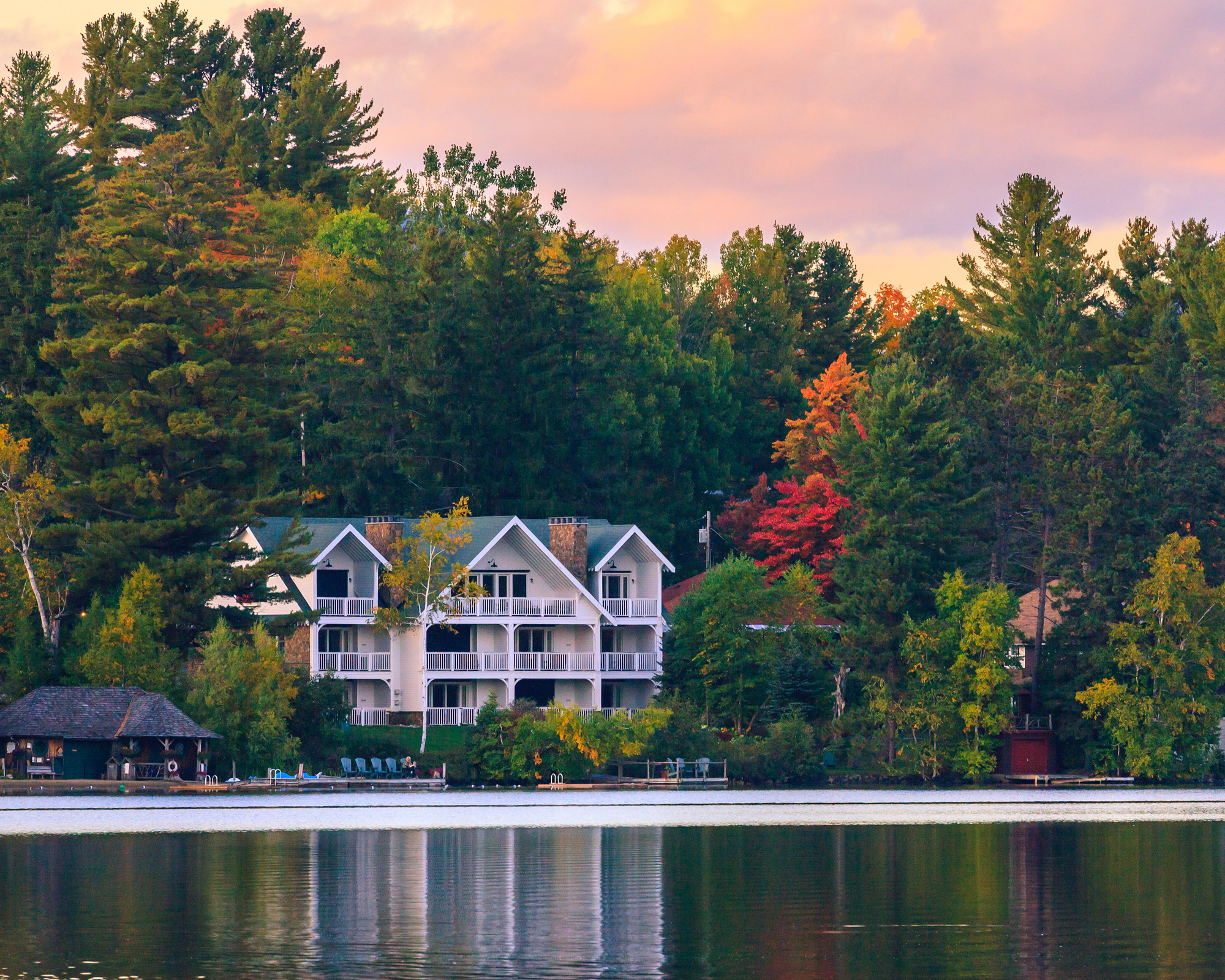 Autumn colors at Mirror Lake in Lake Placid in Adirondacks State Park in the northern part of New York State, USA