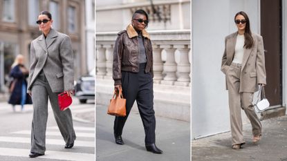 A woman walks at fashion month wearing a gray two piece suit with a red bag to illustrate a guide to the best tailored trousers