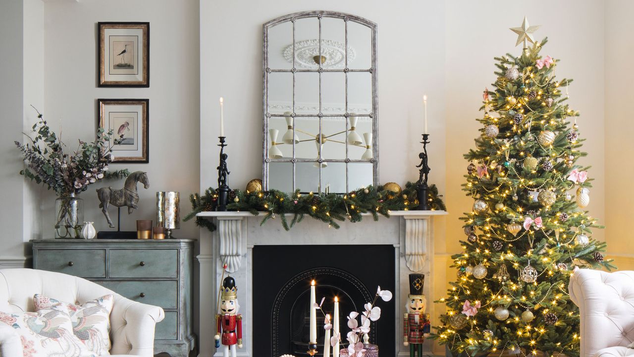 Neutral living room filled with Christmas decorations