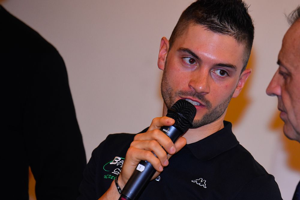 Andrea Guardini speaks at the Bardiani-CSF team presentation in Milan