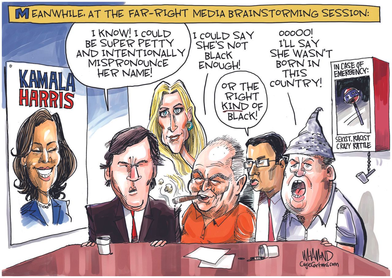 Political Cartoon U.S. Far-Right Fox News Hosts Ann Coulter Tucker Carlson Rush Limbaugh InfoWars Alex Jones Dinesh D&amp;#039;Souza Racist Kamala Harris