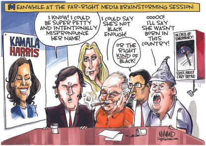 Political Cartoon U.S. Far-Right Fox News Hosts Ann Coulter Tucker Carlson Rush Limbaugh InfoWars Alex Jones Dinesh D'Souza Racist Kamala Harris