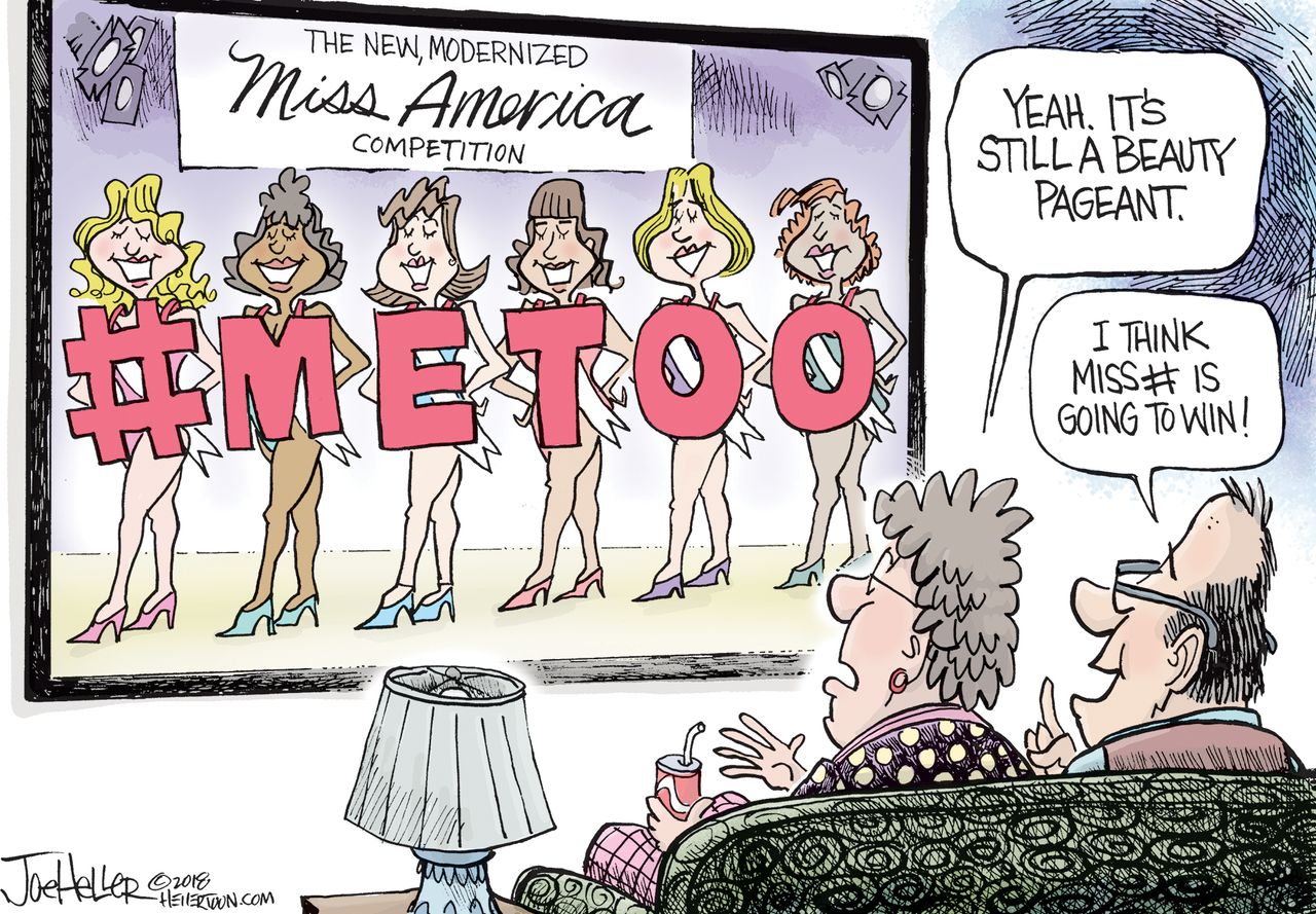 Editorial cartoon U.S. Miss America swimsuit competition cancellation MeToo movement