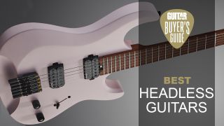 Harley Benton headless guitar on grey background