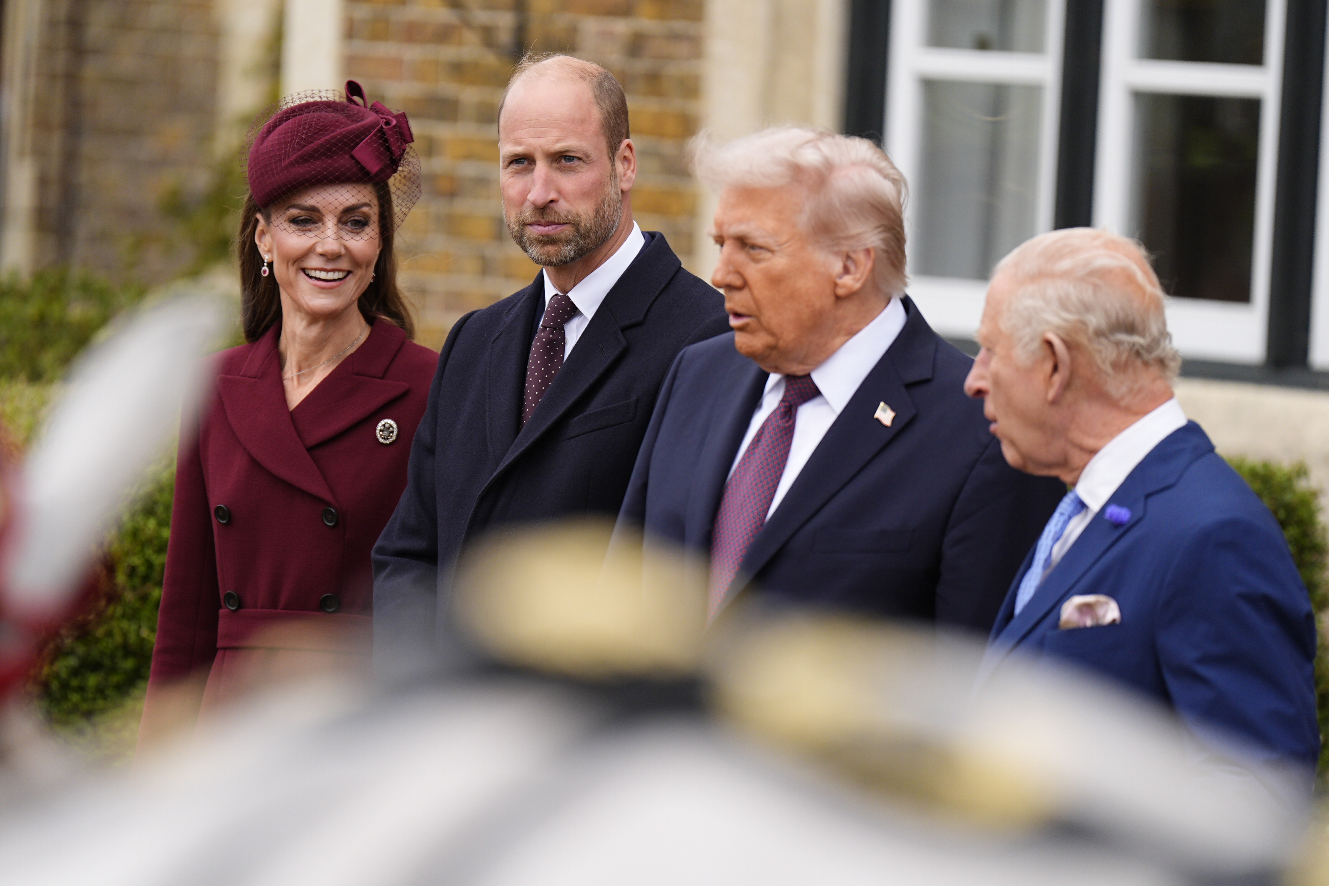 Britain&#039;s King Charles III and Britain&#039;s Queen Camilla greet US President Donald Trump and First Lady Melania Trump, accompanied by Britain&#039;s Prince William, Prince of Wales and Britain&#039;s Catherine, Princess of Wales, upon their arrival in the grounds of Windsor Castle, in Windsor, on September 17, 2025, for the start of a second State Visit. US President Donald Trump arrived in Britain for an unprecedented second State Visit, with the UK government rolling out a royal red carpet welcome to win over the mercurial leader.
