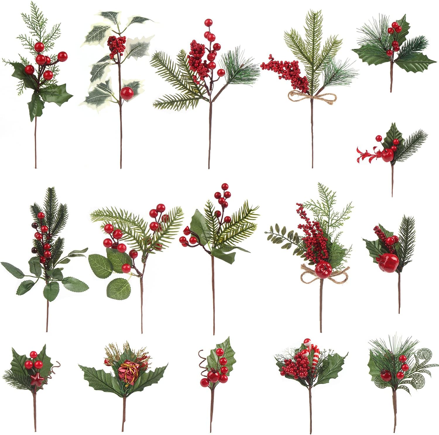 Ccinee Artificial Christmas Red Berry Picks 16 Pack Assorted Pine Berries Branches Fake Holly Stems for Xmas Tree Decoration Crafts Garland Wreath D&amp;eacute;cor