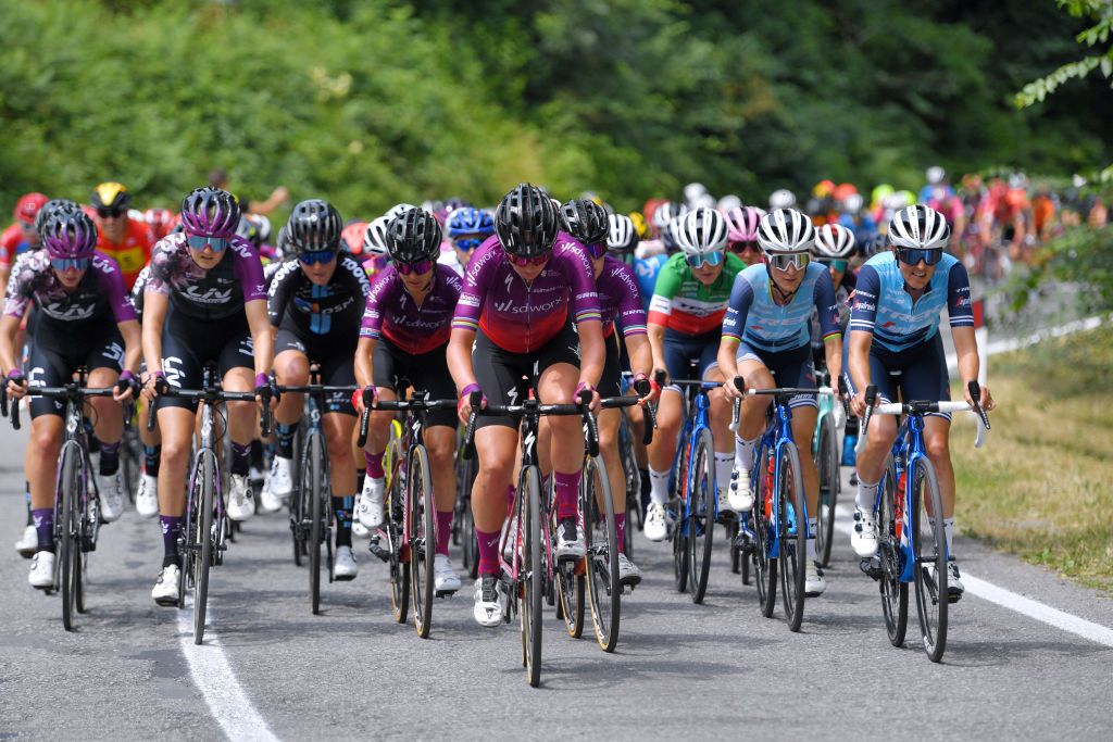 PRATO NEVOSO ITALY JULY 03 Chantal Van Den Broek Blaak of Netherlands and Team SD Worx Elisabeth DeignanArmitstead of United Kingdom Lucinda Brand of Netherlands and Team Trek Segafredo during the 32nd Giro dItalia Internazionale Femminile 2021 Stage 2 a 1001km stage from Boves to Prato Nevoso Colle del Prel 1607m GiroDonne UCIWWT on July 03 2021 in Prato Nevoso Italy Photo by Luc ClaessenGetty Images